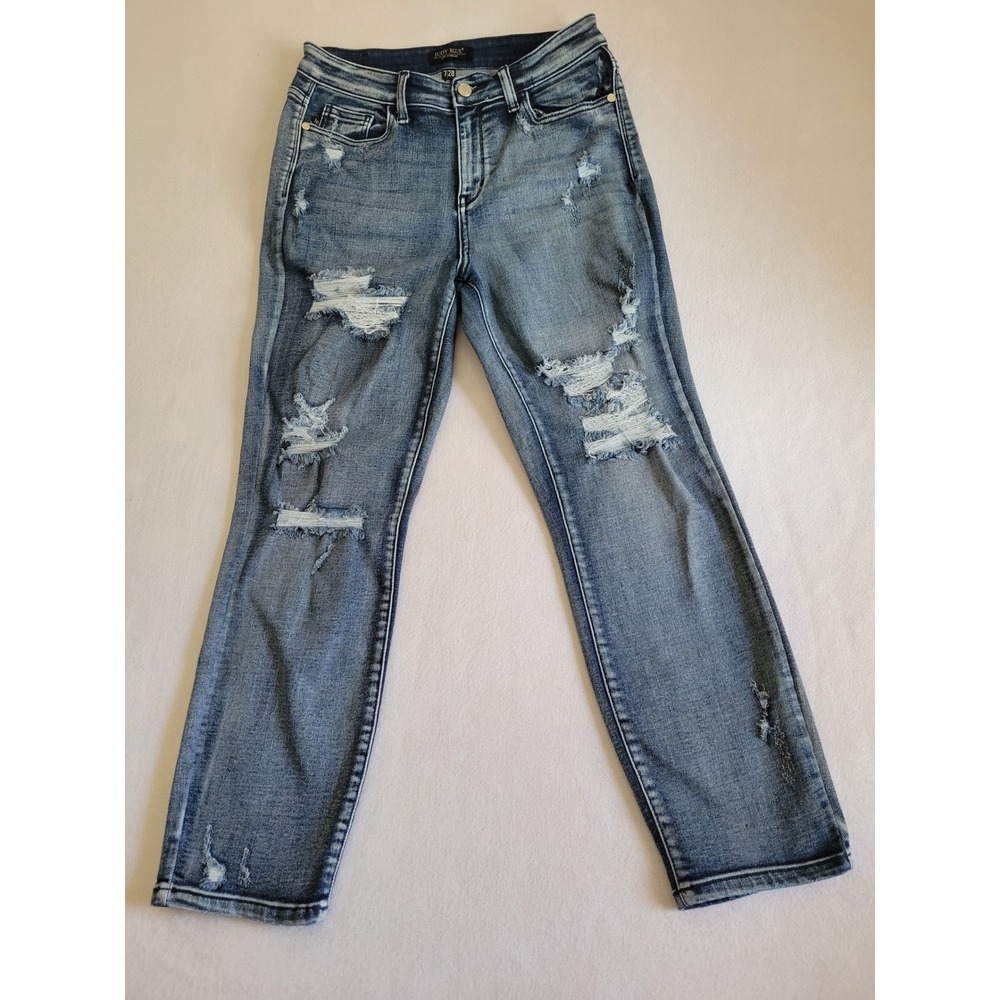Judy Blue Distressed Straight Leg Jeans Medium Wash High‎ Rise Denim Size 7/28
